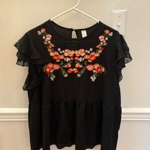 Floral Embroidered Black Top
